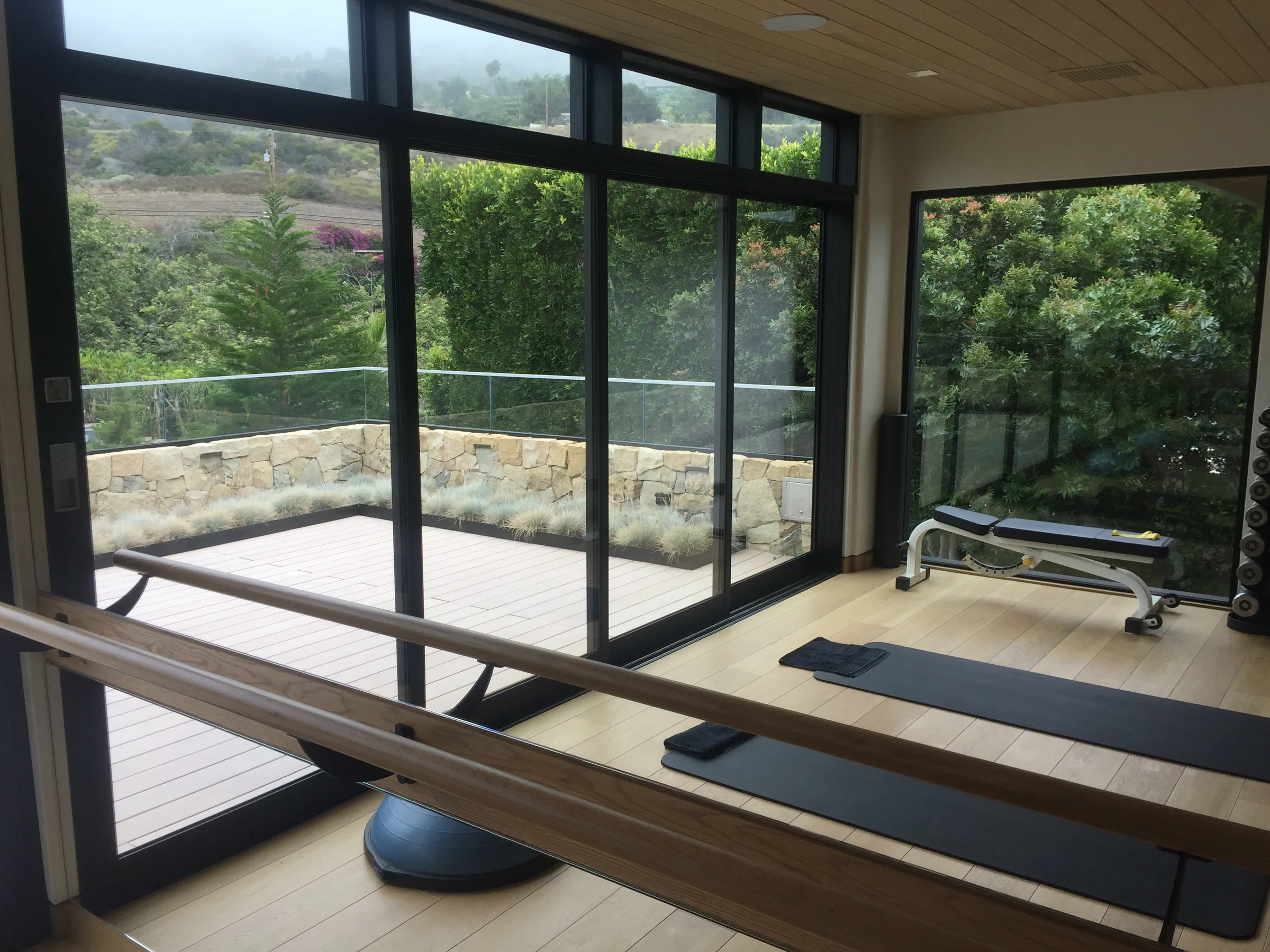 Black framed sliding glass doors opening to a terrace with a glass railing